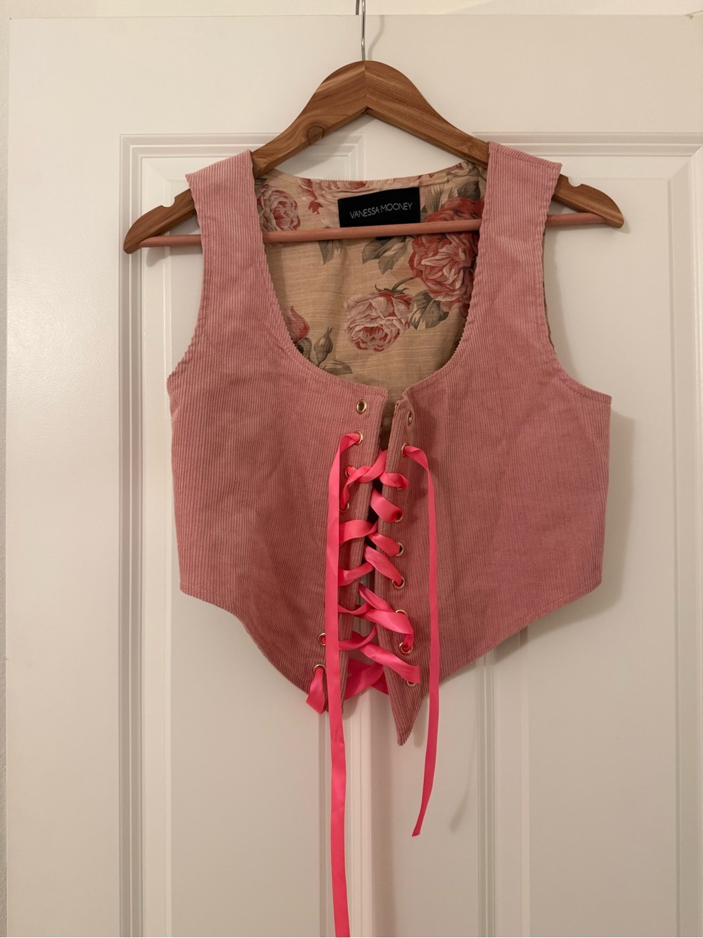 Vanessa Mooney Dusty Rose Corduroy Lace-Up Crop Vest